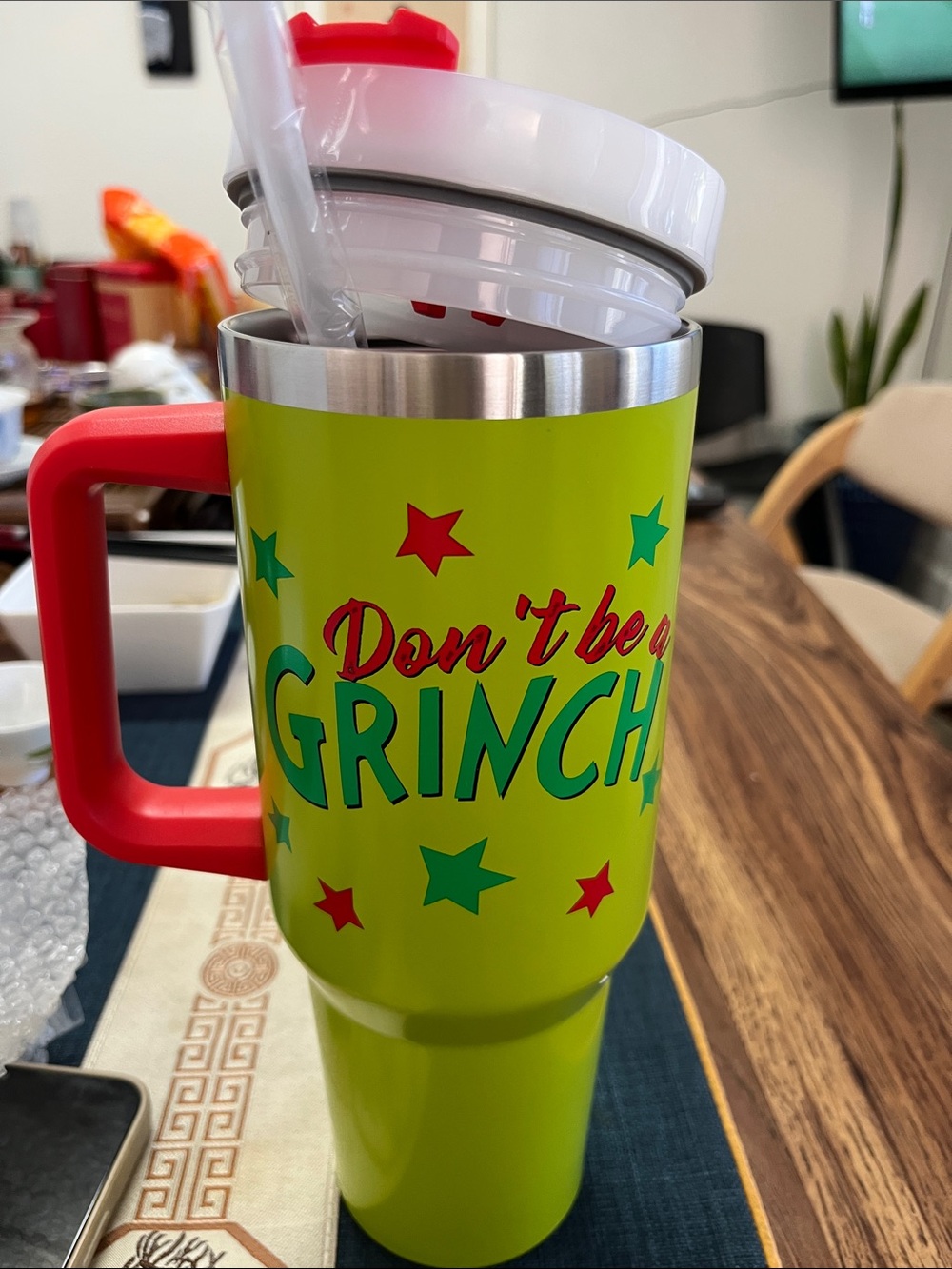 Don't Be A Grinch Lime Travel Tumbler with Red Handle